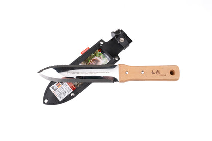 Nisaku Hori Hori Knife with polished stainless steel blade, serrated edge, light wooden handle, and protective sheath. Ideal for versatile gardening tasks like planting and weeding.