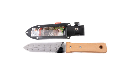 Nisaku Hori Hori Knife with inch-marked stainless blade and wooden handle, showcased with its black leatherette sheath featuring a belt loop and snap closure.