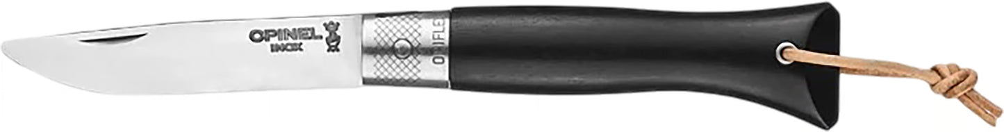 Opinel Neo6 folding knife with stainless steel blade, Ebony wood handle, Optiflex locking ring, and a recycled leather lanyard, showcasing modern elegance and traditional craftsmanship.