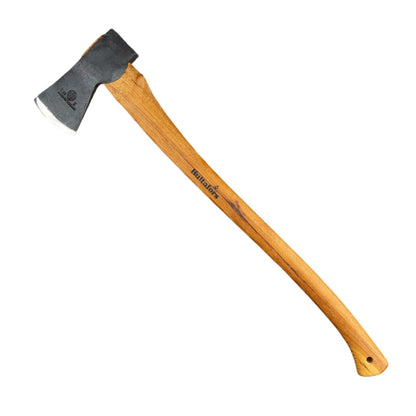 Ultimate Axe Bundle featuring a Hultafors Qvarfot Felling Axe with a wooden handle and metal head, accompanied by an axe handbook, guide, and sharpening stone.