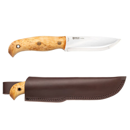 Helle Knives Nordlys 122mm Hunting Knife with a curly-birch handle and polished stainless steel blade, accompanied by a brown leather sheath.