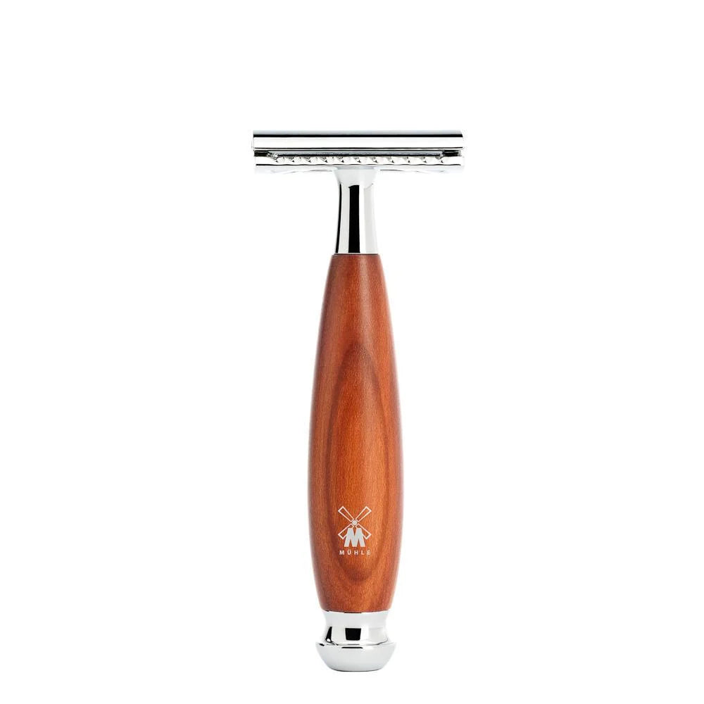 A Mühle Vivo Plum Wood Safety Razor with a polished metal head stands upright on a white background. Its plum wood handle displays a small logo near the base, highlighting refined craftsmanship for a gentle shave.