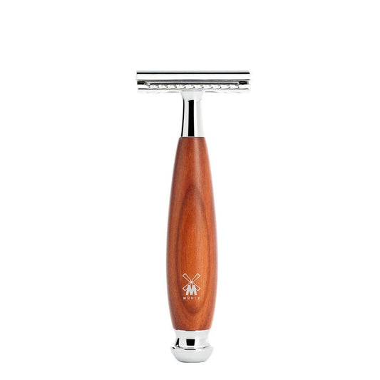 A Mühle Vivo Plum Wood Safety Razor with a polished metal head stands upright on a white background. Its plum wood handle displays a small logo near the base, highlighting refined craftsmanship for a gentle shave.