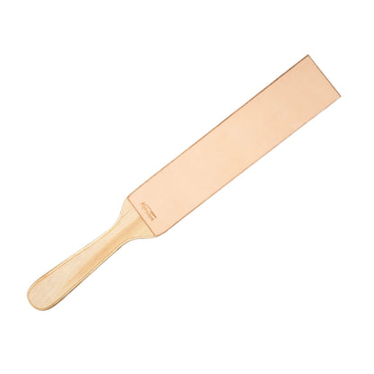 Leather Paddle Strop with Latigo leather and suede, mounted on a wooden handle, ideal for honing straight razors and knives, enhancing durability and sharpness.