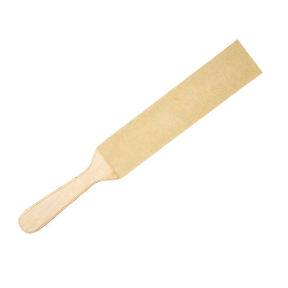 Leather Paddle Strop featuring a wooden handle, with dual-texture Latigo leather and suede surfaces for effective knife and razor maintenance, enhancing longevity and performance.