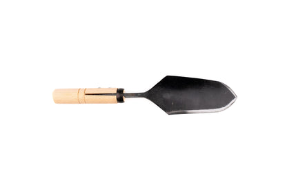Kondo Hamono Hand Forged Hori Hori Knife with wooden handle and black metal blade, features inch markings, serrated and sharpened edges, ideal for versatile gardening tasks.