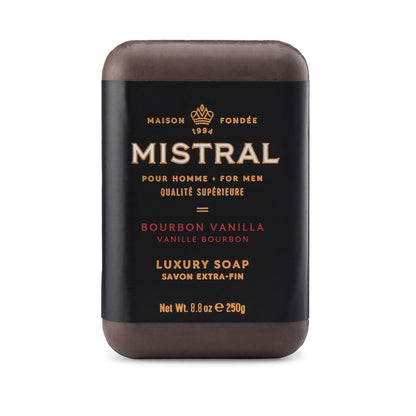 Mistral Bourbon Boss Bundle: Boxed Bourbon Vanilla luxury soap for men, 8.8 oz, highlighting superior quality and rich scent blend of bourbon and vanilla.