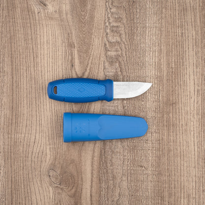 Mora Eldris Fire Kit: Compact fixed-blade knife with blue handle and sheath, ideal for camping. Includes lanyard, belt loop, and ferro-rod for fire starting.
