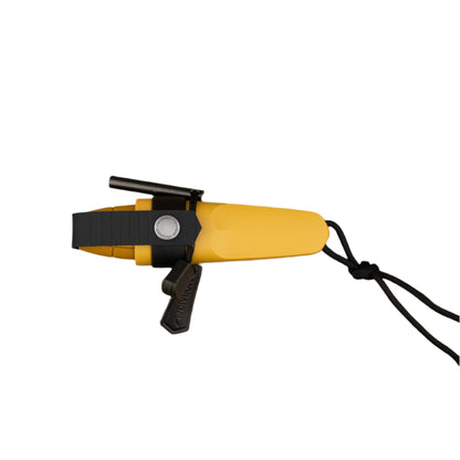 Mora Eldris Fire Kit: Compact knife with stainless steel blade, plastic sheath, and attached firesteel rod, ideal for survivalists and bushcrafters.