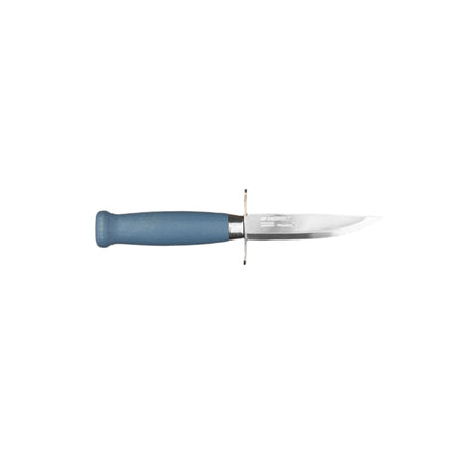 Mora Scout Camping Knife with stainless-steel blade and blue birch handle, featuring double finger protection and strong Scandi Grind Edge, ideal for outdoor enthusiasts.
