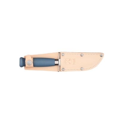 Mora Scout Camping Knife in a light-tan leather sheath with embossed logo; features a blue handle and double finger protection for safe carving and kindling.