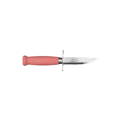 Mora Scout Camping Knife with a straight steel blade, small crossguard, and pink molded handle, ideal for teaching carving and kindling.