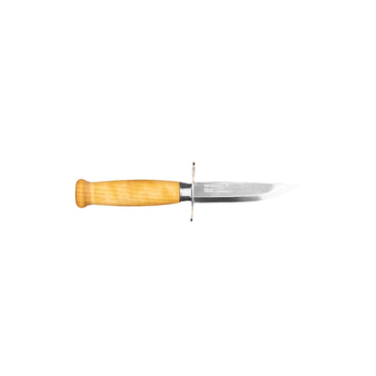 Mora Scout Camping Knife with double-edged stainless steel blade, crossguard, and birch handle; includes leather sheath for safe outdoor use.
