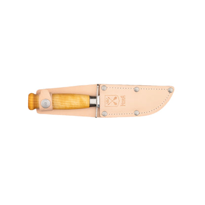 Mora Scout Camping Knife with light wood handle in tan leather sheath, ideal for teaching outdoor skills, featuring recycled Swedish stainless steel and Scandi grind edge.