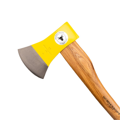 Ox-Head Iltis Yankee 1.75 Lb Axe with yellow steel blade and polished wooden handle, ideal for camping and backyard chopping.