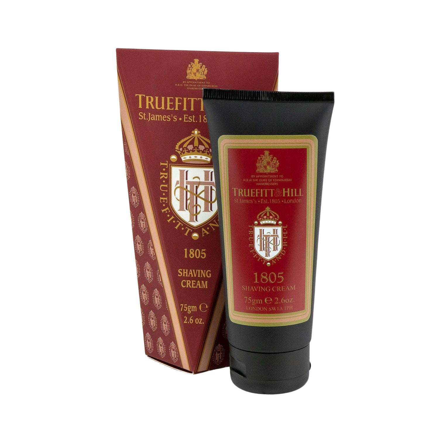Truefitt & Hill 1805 Shave Cream, 75g tube and carton, offering rich lather and oceanic fragrance, ideal for classic shaving with safety razors.