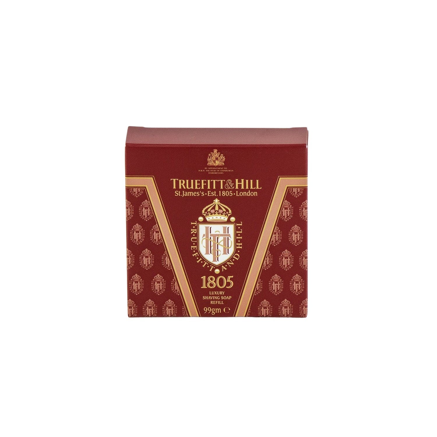 Truefitt & Hill 1805 Shaving Soap Refill in deep red box with gold trim, featuring company crest and branding, 99g puck for classic, eco-friendly shaving.