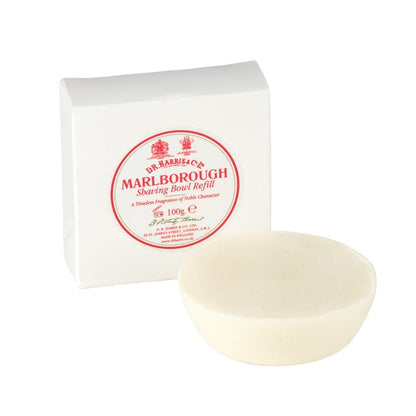 D.R. Harris Marlborough Shaving Soap refill puck with outer carton, designed for luxurious lathering in a shaving bowl, ideal for a classic wet shave.