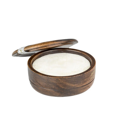 D.R. Harris Marlborough Shaving Soap in a wooden bowl, with lid ajar, showcasing a white puck designed for luxurious, eco-friendly grooming.