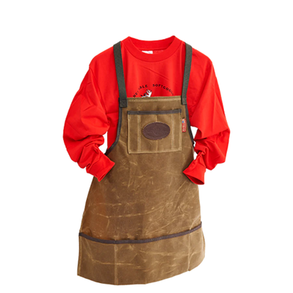 Frost River Shop Apron ESB: Durable waxed canvas apron with adjustable X-back straps, front pocket, and leather patch, ideal for diverse tasks in workshop or kitchen.