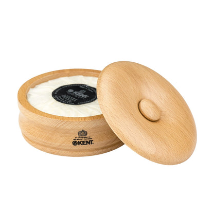 Kent of England Shaving Soap in a beech-wood bowl with lid, featuring a wrapped soap puck infused with lanolin, wool fat, patchouli, nutmeg, and sandalwood.