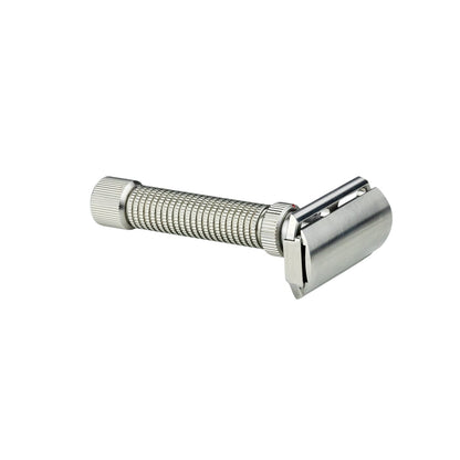 Rex Supply Co. Ambassador Adjustable DE Safety Razor, featuring a knurled handle and butterfly head, designed for a customizable shaving experience with precision engineering.