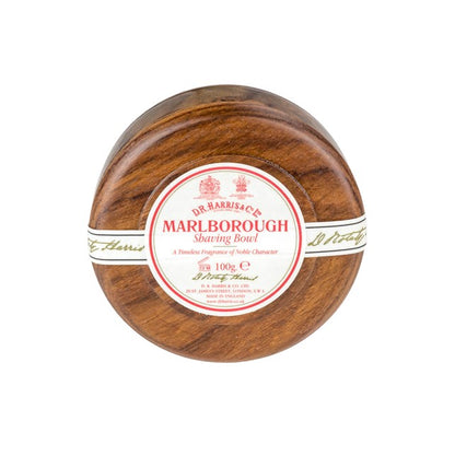 D.R. Harris Marlborough Shaving Soap in a refillable wooden bowl, ideal for a luxurious, eco-friendly shaving experience with cedar and sandalwood fragrance.