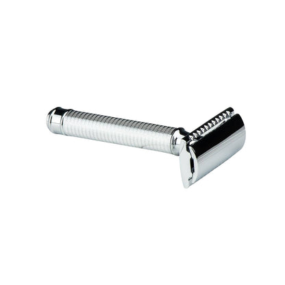 Kent's Good Shaving Kit features a classic double-edged safety razor with a knurled metal handle, ideal for those exploring traditional wet shaving.