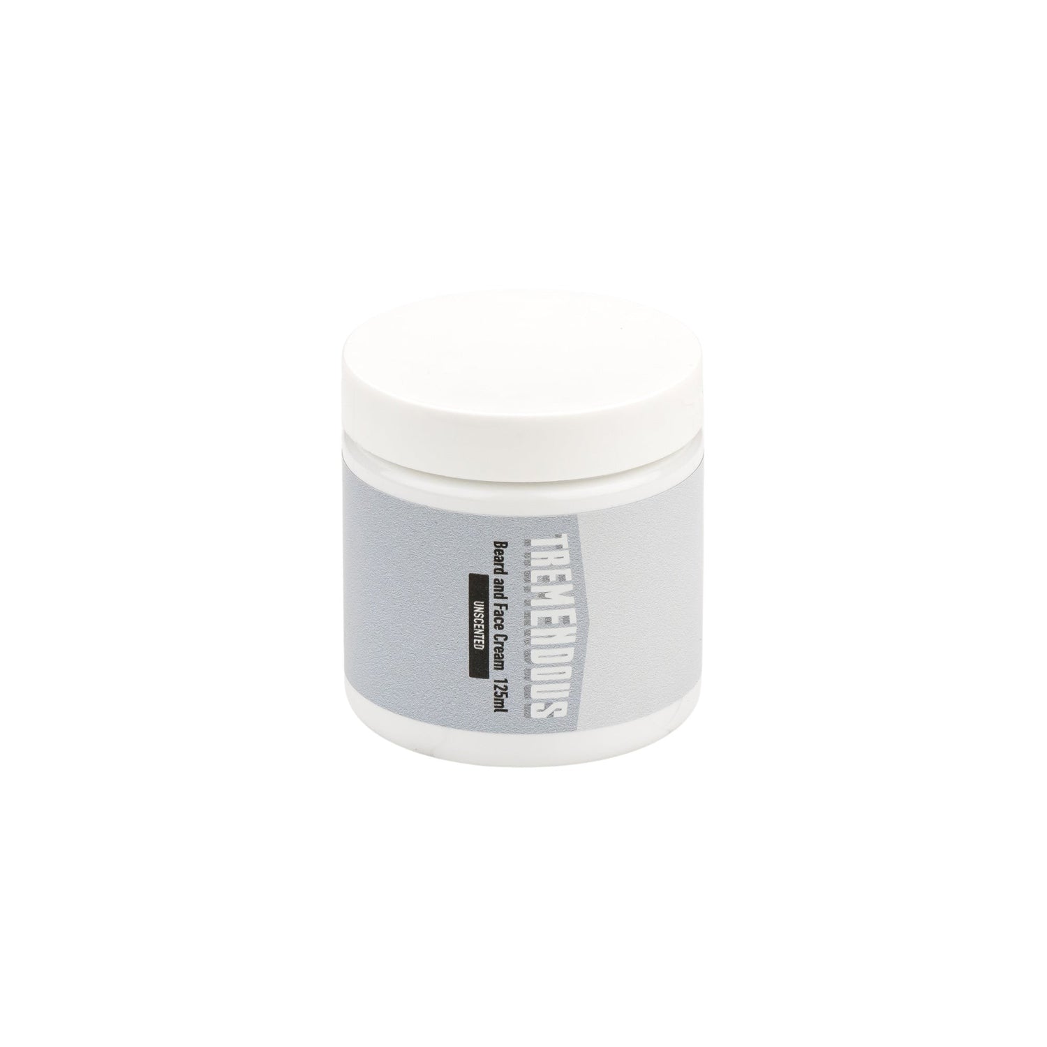 Tremendous Unscented Beard & Face Moisturizing Cream in a 125 ml white jar, ideal for hydrating and softening beards without added fragrance.