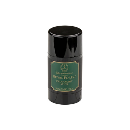 Taylor of Old Bond Street Royal Forest Deodorant Stick, 75 ml, features a green-and-gold label, offering a fresh, woody fragrance for long-lasting freshness.