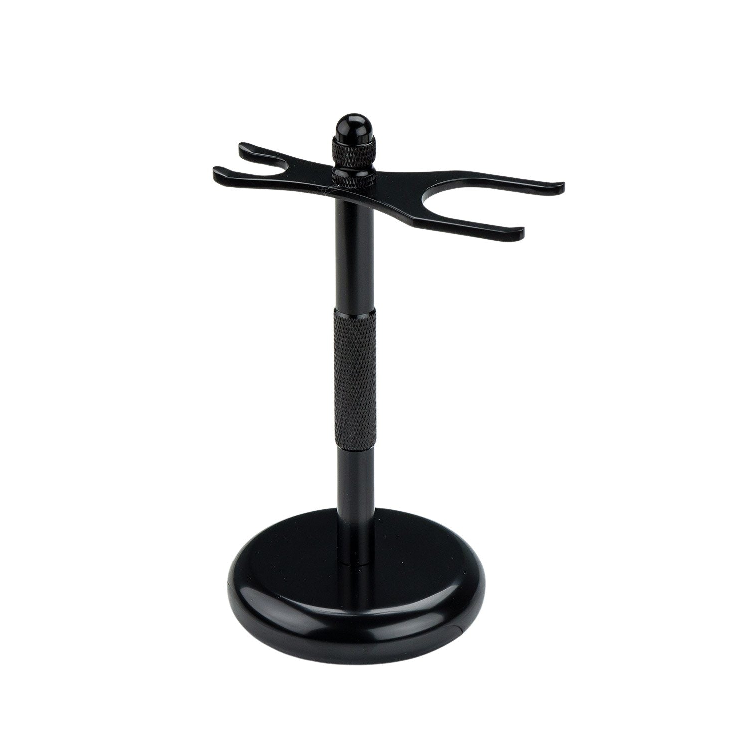 Kent's Best Shaving Kit featuring a black metal stand with a weighted base and forked top for upright safety razor storage.
