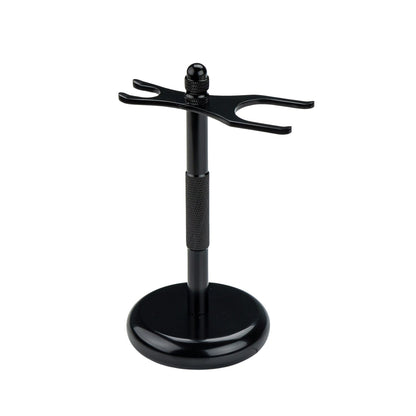 Kent's Best Shaving Kit featuring a black metal stand with a weighted base and forked top for upright safety razor storage.