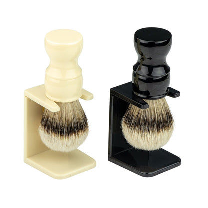 Kent of Inglewood Shaving Brush Stand featuring ivory and black stands holding traditional brushes upside-down for optimal air-drying, ideal for single or multiple brush storage.