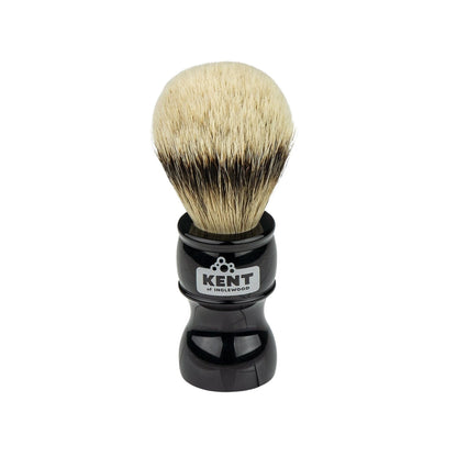 Kent of Inglewood Silvertip Badger Hair Shaving Brush with a glossy black handle and dense, soft bristles, ideal for luxurious lather and exfoliation.