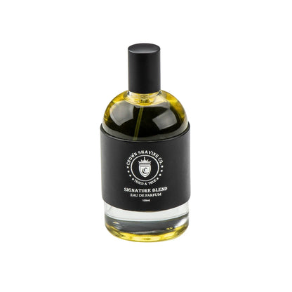 Crown Shaving Co. Eau de Parfum 100mL in a glass bottle with black label and cap, showcasing a refined Bay Rum blend for a subtle, classic scent.
