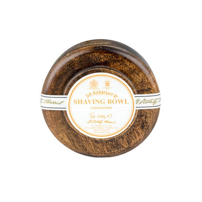D.R. Harris Sandalwood Shaving Soap in a refillable round wooden bowl, embodying luxury and sustainability; perfect for an enhanced classic shaving experience.