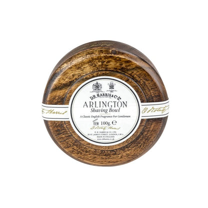 D.R. Harris Arlington Shaving Soap in a refillable wooden bowl, exuding a classic citrus-floral scent, perfect for a luxurious, sustainable shaving experience.
