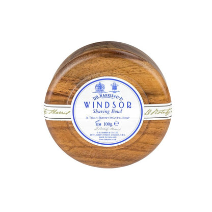 D.R. Harris Windsor Shaving Soap in a turned-wood bowl, perfect for a luxurious shave with vetiver, black pepper, and musk scents, promoting a zero-waste shaving experience.