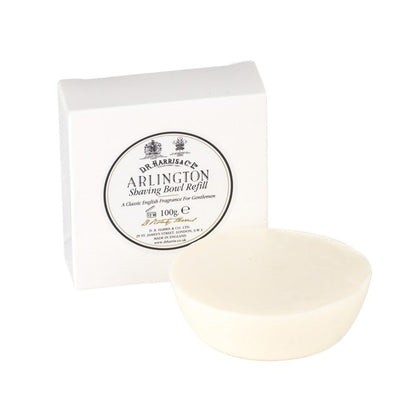 D.R. Harris Arlington Shaving Soap refill puck with box, promising luxurious, eco-friendly shaving with a classic citrus-floral scent from a historic English brand.