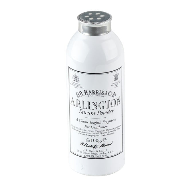 D.R. Harris Arlington Talcum Powder, 100g tin, classic citrus-floral scent for gentlemen, ideal for keeping skin dry and fresh, embodying timeless English grooming tradition.