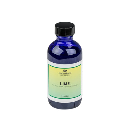 Henri et Victoria Lime Aftershave Splash in a sleek cobalt-blue bottle, offering a refreshing post-shave experience with lime scent and soothing aloe vera.