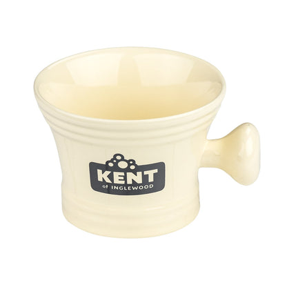 Kent of Inglewood Shaving Mug in creamy off-white, featuring a bubble-style logo, with a side knob for easy lathering using a shaving brush.