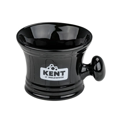 Kent of Inglewood Shaving Mug with side knob handle, designed for building creamy lather using a shaving brush, featuring a textured base for faster lathering.