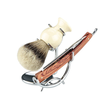 Kent of Inglewood Sidecar Brush and Razor Stand displays a shaving brush and straight razor on a chrome stand, ensuring secure, elegant storage and optimal drying.