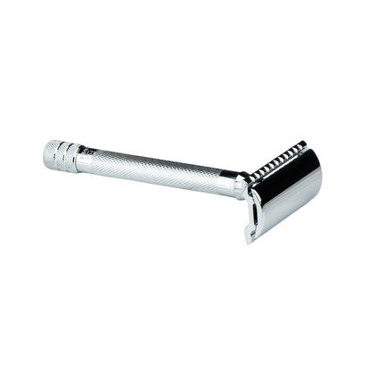 Kent's Better Shaving Kit features a chrome-plated double-edge safety razor with a knurled handle and butterfly head, perfect for elevating your shaving routine.