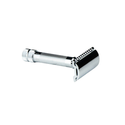 Merkur 34C DE Safety Razor with knurled handle, chrome-plated finish, ideal for precise shaving on various body areas, reflecting classic shaving excellence.