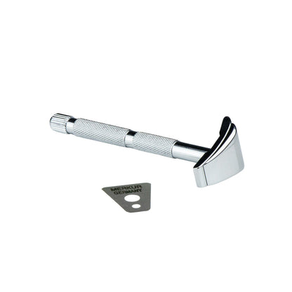 Double-edge safety razor with a knurled handle, part of the Kent of Inglewood Beard Line Up Kit, featuring Merkur detailing razor and accessories.