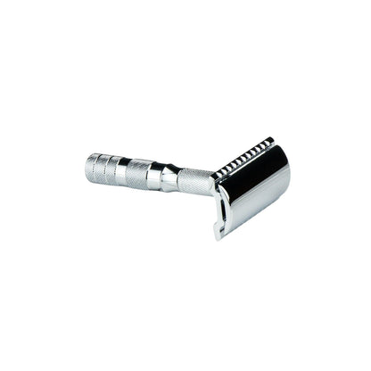 Merkur Travel Size DE Safety Razor with chrome-plated, knurled handle, showcasing its compact, three-piece design ideal for travelers, accompanied by a leather case and Kent of Inglewood blades.