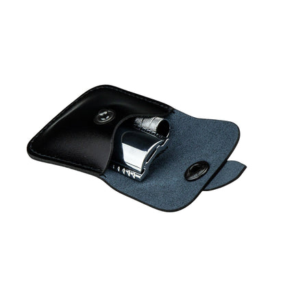 Merkur Travel Size DE Safety Razor in a sleek black leather pouch, featuring a chrome-plated design with three-piece construction, ideal for travel and easy storage.
