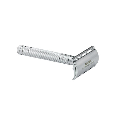 Feather AS-D2 Stainless Steel DE Safety Razor with knurled handle and flip-open head, designed for a smooth, close shave.